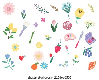 Ilustración de flores. Plantas, fresas, naranjas, pinturas, gerbera, tulipanes, cosméticos, corazones, escritura a mano.