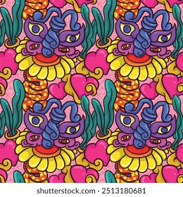 flower and imaginary monster creaturs. abstract colorfull acid psychedelic unique abstract repeatable seamless patern vector illustration