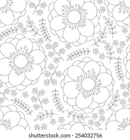Flower ink doodle seamless pattern. Floral vector background. Black and white.
