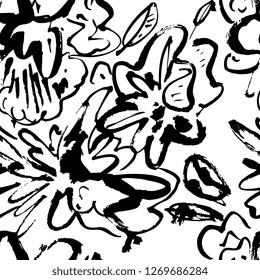 Flower ink seamless patterns. Floral elements for design. White background. 