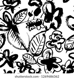 Flower ink seamless patterns. Floral elements for design. White background. 