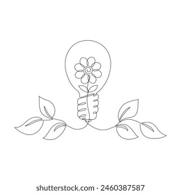 Flower inside light bulb in the drawing is in one line. Concept of environmentally friendly energy.
