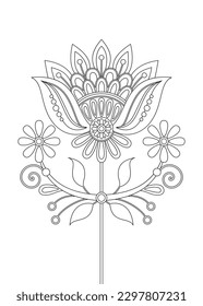 Flower Inspired by Ukrainian Traditional Embroidery. Ethnic Floral Motif, Handmade Craft Art. Single Design Element. Coloring Book Page. Vector Contour Illustration