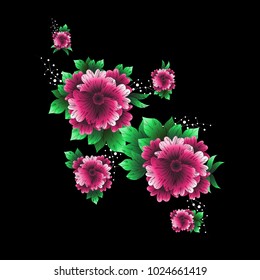 Flower isolated on black background.Modern design for t-shirt,print material,cloth and textile.Flower for invite and wedding card,wallpaper,poster,greeting card.Creative trendy art,vector illustration