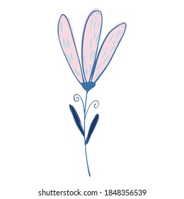 Flor aislada en el fondo blanco. Resumen de boceto botánico de la mano color azul y rosa dibujado en la ilustración del vector doodle de estilo.