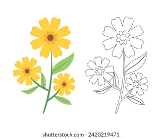 Flor aislada en el fondo blanco. Flor blanca y negra para colorear un libro. Libro de Colores para niños. Material vectorial