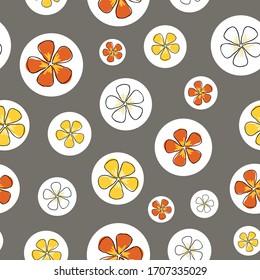 Flower isolation colorful blossoms in circles on a gray background seamless vector repeat pattern surface design