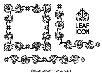 Flower ivy leaf curl border isolated vector, black leaves flora vintage frame, floral foliage outline contour, stalk icon silhouette element.