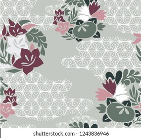 Flower and Japanese pattern background. Grey and pink Floral template vector.