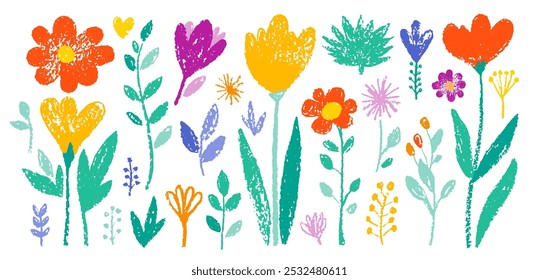 Flor criança lápis lápis lápis vetor. Fundo floral primavera infantil. Criança cor giz de cera mão desenhado com grama vegetal e flor de primavera. Desenho de criança pastel ilustração. Bonito floral simples doodle arte