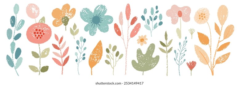 Flor criança lápis lápis lápis vetor. Fundo floral primavera infantil. Criança cor giz de cera mão desenhado com grama vegetal, flor de primavera. Desenho de criança pastel ilustração. Fofo floral simples doodle arte bg