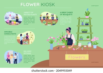 Mapa de infografía vectorial de color plano de los quioscos de flores. Arreglo floral a la venta. Afiche con texto, diseño de concepto de página PPT con personajes de dibujos animados. Visualización creativa de datos. Idea de banner de información