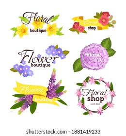 Flower label design, vintage template decoration set vector illustration. Symbol for business shop, icon element collection with graphic leaf. Elegant plant badge for flower shop and boutique.