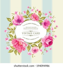 Flower label on a bright background for the design of vintage card. Vector illustration.