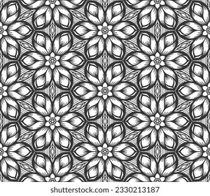 Flower lace seamless pattern. Modern floral hand drawn abstract botanical ornament. Retro black fashion backdrop. Flat decorative plant textile texture. Endless vintage monochrome geometric wallpaper