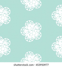 Flower lace seamless pattern net. White cell textile openwork knit on mint. Texture hosiery monochrome knit.