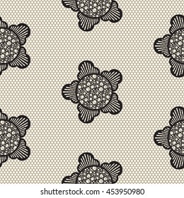Flower lace seamless pattern net. Black cell textile openwork knit on beige. Texture hosiery monochrome knit.
