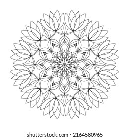 Flower lace vector ornamental mandala outline black on white for coloring book page for anti stress coloring. Circle geometrical pattern with nature motifs flowers, petals and leaves. 