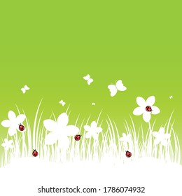 flower with ladybug and butterfly on green background