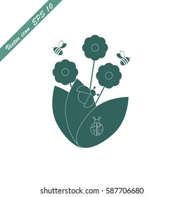 Flower ladybugs and bees vector icon