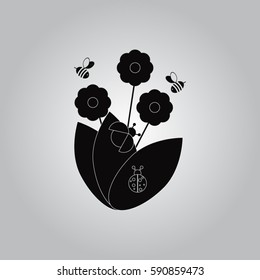 Flower ladybugs and bees vector icon