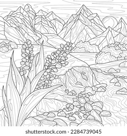 Flower and landscape with mountains and river.Coloring book antistress for children and adults. Illustration isolated on white background.Zen-tangle style. Hand draw