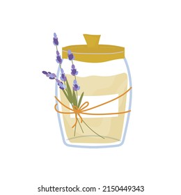 Flower lavender honey isolated on white background. Delicacy inglass jar, decorated with bouquet of flowers. Vector cartoon cartoon illustration, hand drawn
