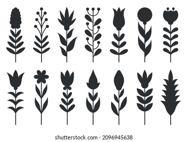 Flower leaf berry plant bloom black silhouette set. Deciduous branch wild summer object. Free nature element vintage sign. Simple design wedding pattern postcard invitation. Sprout isolated on white