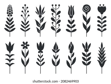 Flower and leaf black flat set. Deciduous branch with berry. Wild plant summer object. Free nature element vintage sign. Simple design wedding pattern postcard invitation. Sprout isolated on white