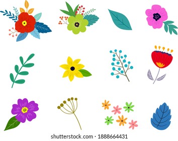 Flower and leaf and bouquet Illustration set, Hand-painted taste with spring plant