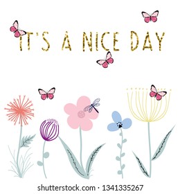 flower leaf butterfly glitter text line girl tee illustration art vector 
