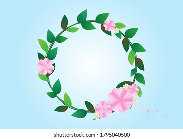 flower and leaf circle frame for invitation and greeting card concept on sky blue background with space, pink and gold flowers, wedding card frame, flower crown, creative design vector illustration