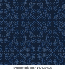 Flower leaf damask motif sashiko style. Japanese needlework seamless vector pattern. Hand stitch indigo blue lace textile print. Classic japan decor, asian fusion embroidery. Kimono quilt template.
