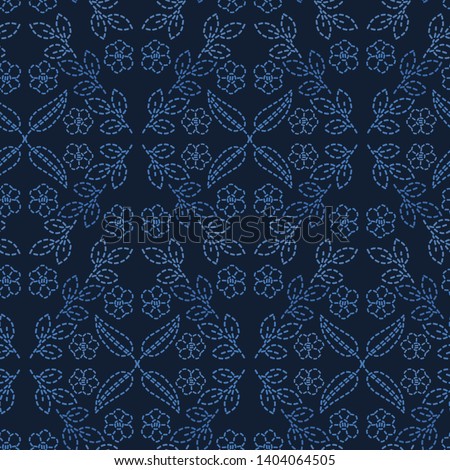 Flower leaf damask motif sashiko style. Japanese needlework seamless vector pattern. Hand stitch indigo blue lace textile print. Classic japan decor, asian fusion embroidery. Kimono quilt template.
