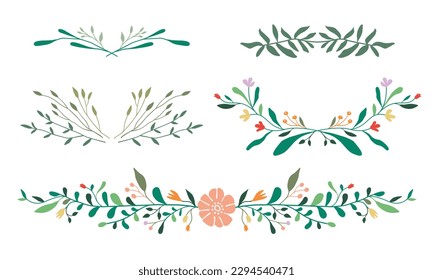 Flower and leaf frame. Botanical decoration branch, wreath, garland. Wildflower, herbs and plants vector illustration great for wedding invitation and greeting card.