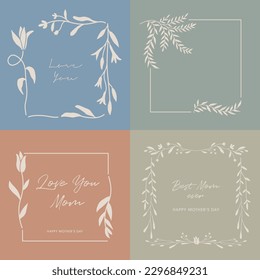 Flower leaf frame decoration. Botanical wreath, square border, garland illustration great for invitation, greeting card, social media marketing. 