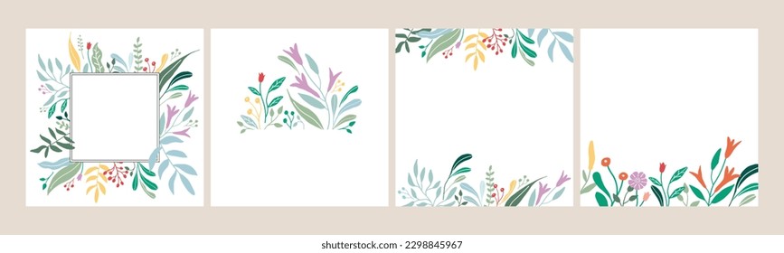 Flower and leaf frame decoration. Botanical wreath, garland, border vector illustration.