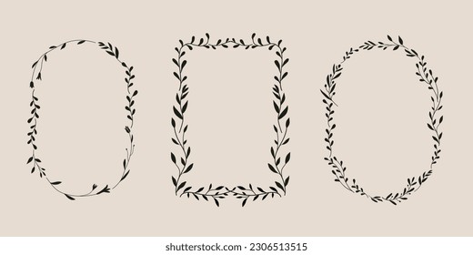 Flower and leaf frame decoration. Botanical branch, wreath, garland, border graphic design. Wildflower, herbs and plants isolated vector illustration. 