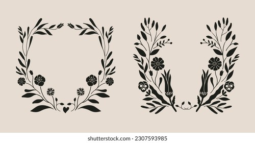 Decoración de flores y cuadros de hojas. Rama botánica, corona, guirnalda, diseño gráfico de borde. Flor silvestre, hierbas y plantas aisladas ilustraciones vectoriales.