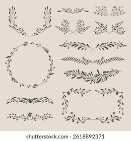 Decoración de marco de flores y hojas. Rama botánica, guirnalda, guirnalda, Diseño gráfico fronterizo. Ilustración vectorial aislada de flores silvestres, hierbas y plantas.