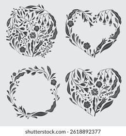 Decoração de flores e molduras de folhas. Ramal botânico, grinalda, grinalda, design gráfico de borda. Flor selvagem, ervas e plantas ilustração vetor isolado.