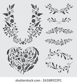 Flower and leaf frame decoration. Botanical branch, wreath, garland, border graphic design. Wildflower, herbs and plants isolated vector illustration.
