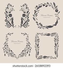 Decoración de marco de flores y hojas. Rama botánica, guirnalda, guirnalda, Diseño gráfico fronterizo. Ilustración vectorial aislada de flores silvestres, hierbas y plantas.
