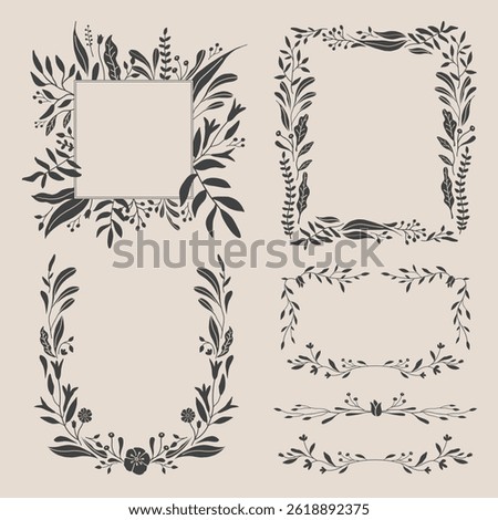 Flower and leaf frame decoration. Botanical branch, wreath, garland, border graphic design. Wildflower, herbs and plants isolated vector illustration.