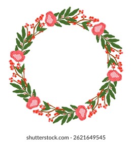 Flower and leaf frame. Floral round frame. Hand drawn simple botanical round frame, laurel, wreath with flowers. Elegant vector illustration for wedding invitation, card, logo.