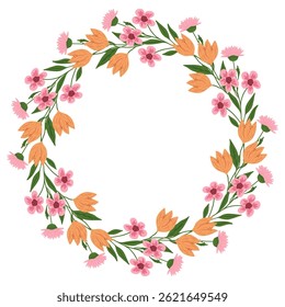 Flower and leaf frame. Floral round frame. Hand drawn simple botanical round frame, laurel, wreath with flowers. Elegant vector illustration for wedding invitation, card, logo.