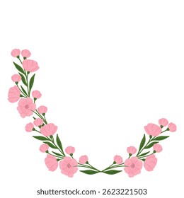 Flower and leaf frame. Floral round frame. Hand drawn simple botanical round frame, laurel, wreath with flowers. Elegant vector illustration for wedding invitation, card, logo.
