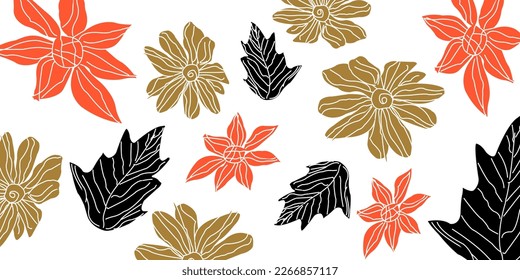flower and leaf free hand drawing have orange brown and black color