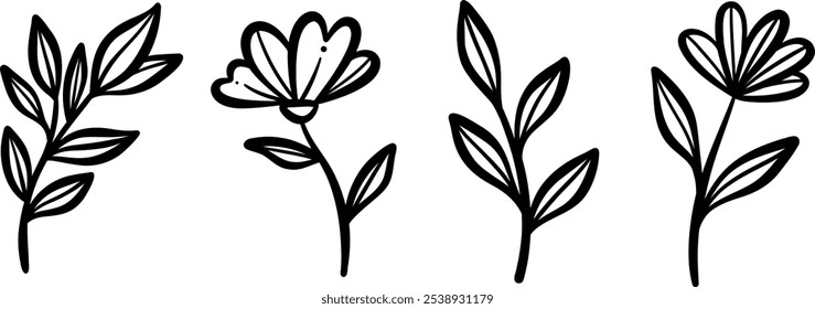 Flower and leaf ink doodles, hand draw simple minimalist foliage illustrations, tiny botanical clip art decorative set, isolated