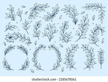 flower leaf leaves vector outline set collection rustic hand drawing style